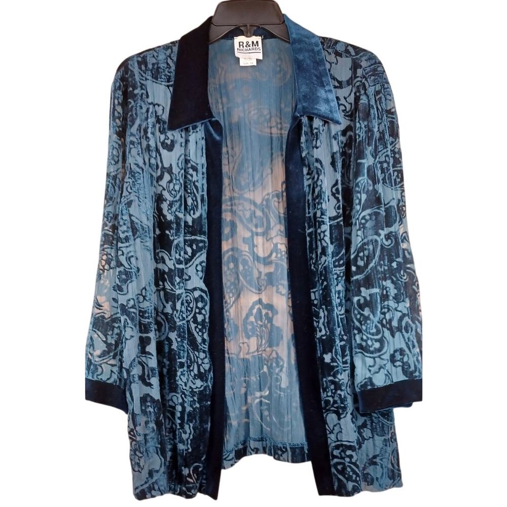 VTG R&M Richards Size 18 Dark Teal Floral Burnout Velvet Crinkle Texture Jacket